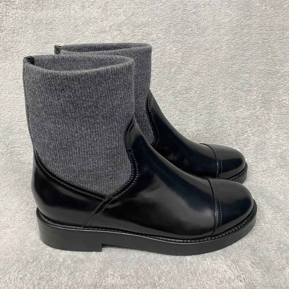 J. Crew Black Leather Ankle Boots with Gray Knit Cuff